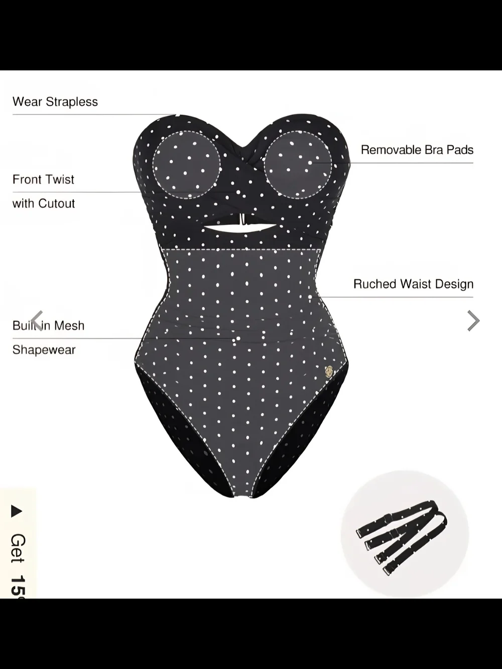 Popilush Medium Polka Dot Black One-Piece Swimwear with Front Cutout